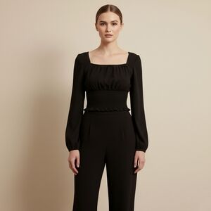 ROMWE Black Smocked Long Sleeve Crop Top - Size L